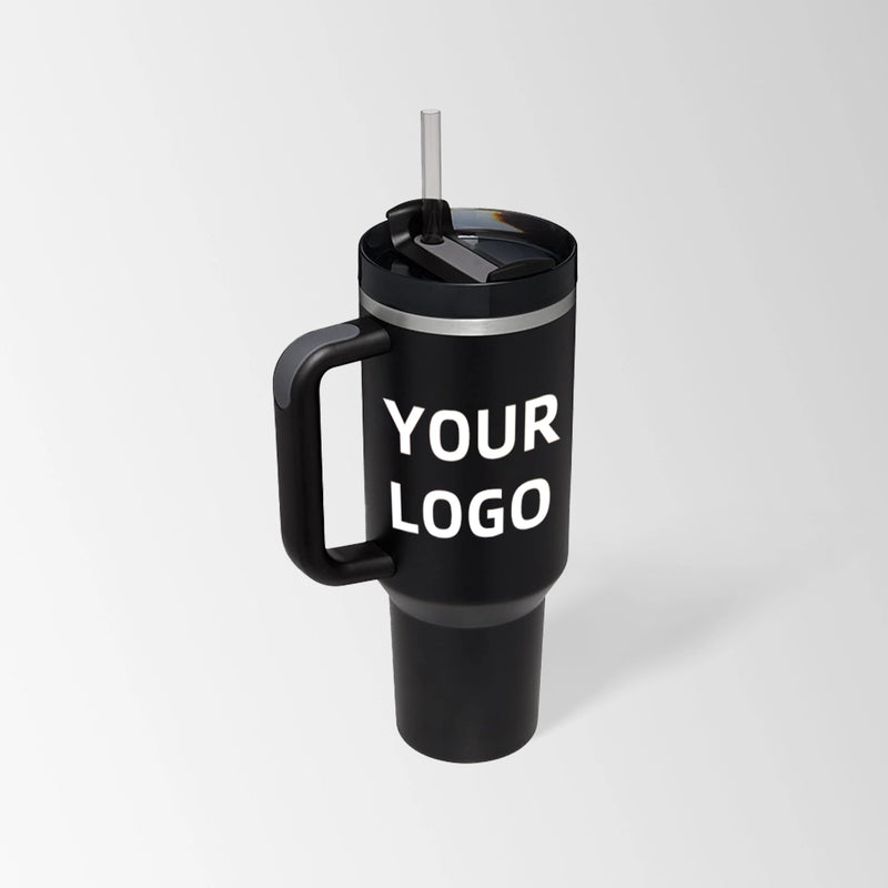 Black insulated tumbler with handle custom logo