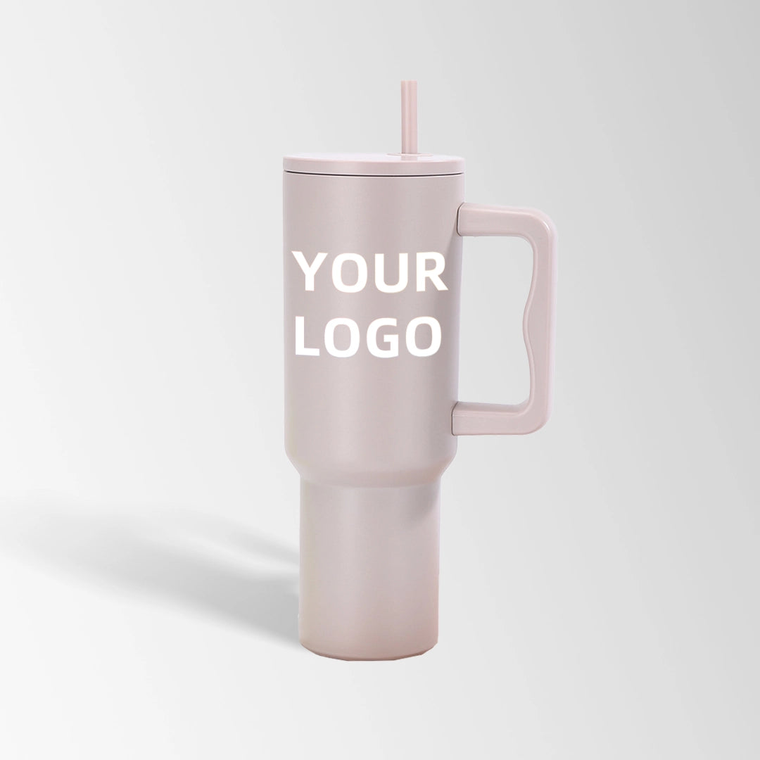 Light beige tumbler with handle and straw custom logo