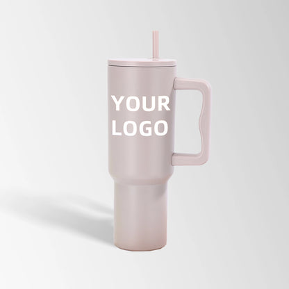 Light beige tumbler with handle and straw custom logo