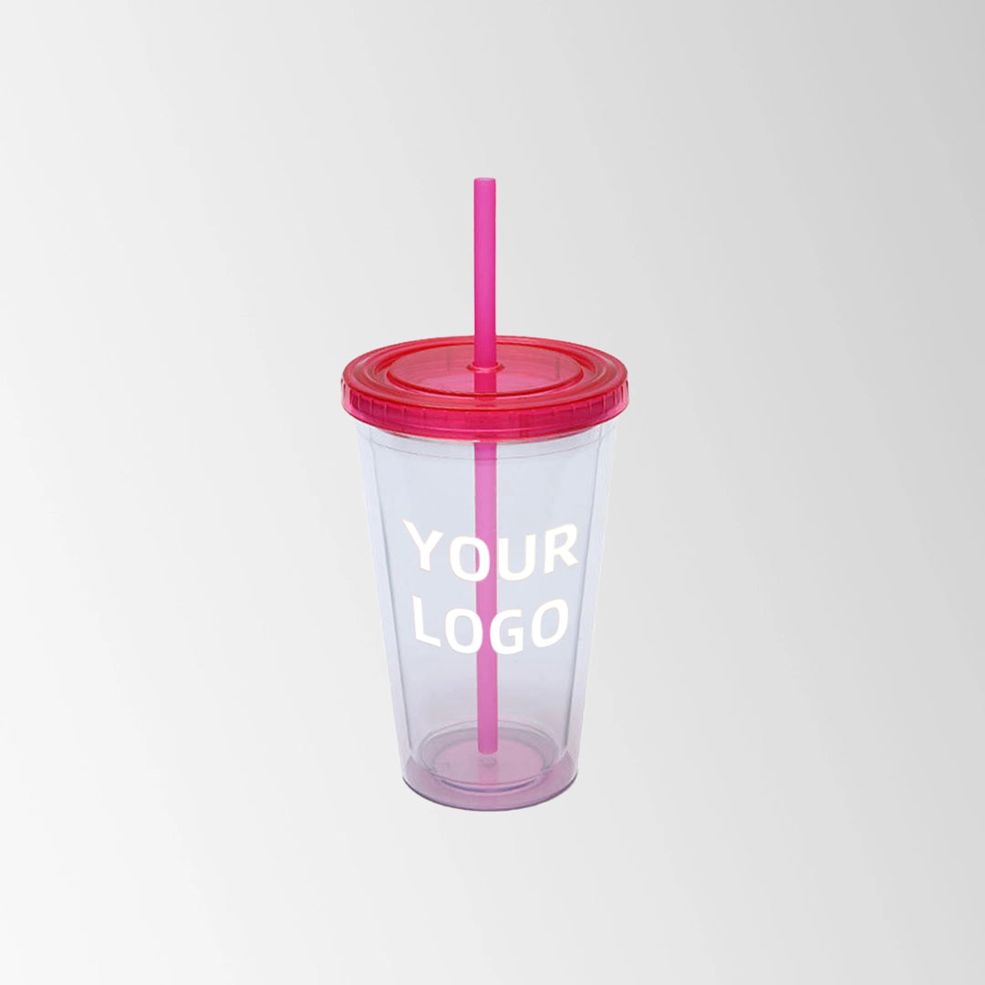 plastic tumbler with rose red lid and straw custom logo