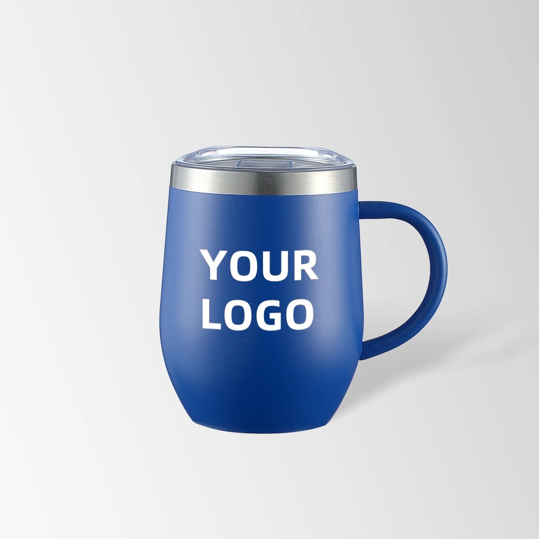 Blue insulated coffee mug with handle custom logo