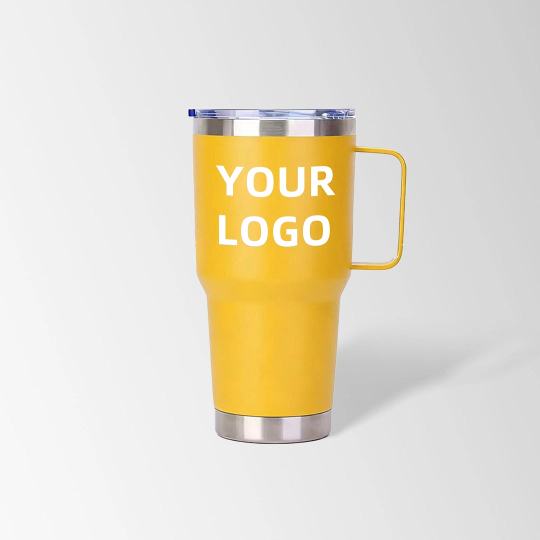 Yellow tumbler with handle custom logo