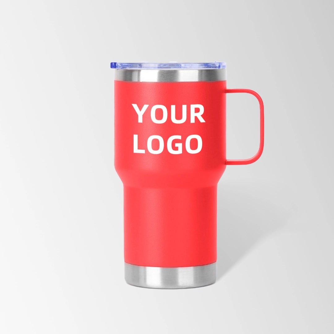Red travel tumbler with handle custom logo