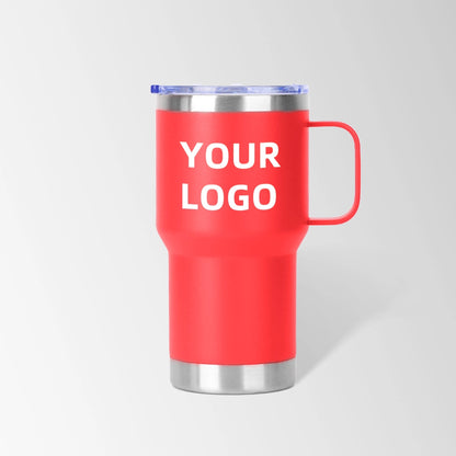 Red travel tumbler with handle custom logo