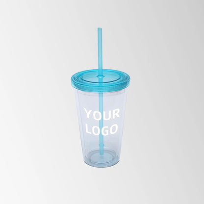 plastic tumbler with light blue lid and straw custom logo