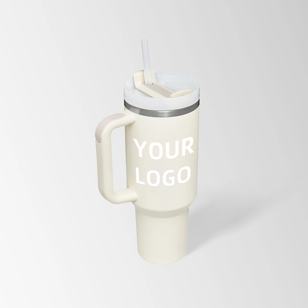 Cream white insulated tumbler with handle custom logo