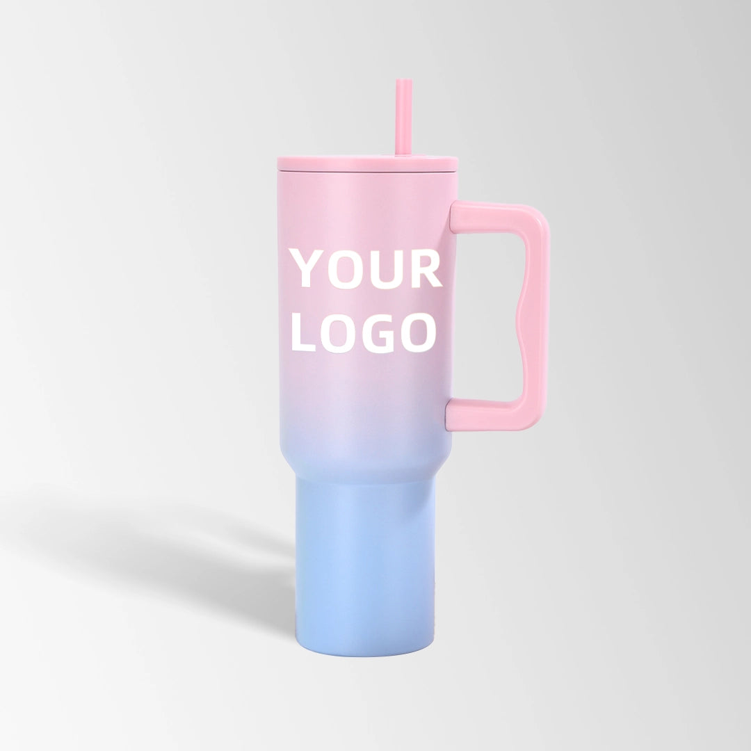 Pink gradient tumbler with handle and straw custom logo