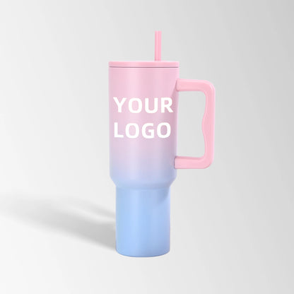 Pink gradient tumbler with handle and straw custom logo