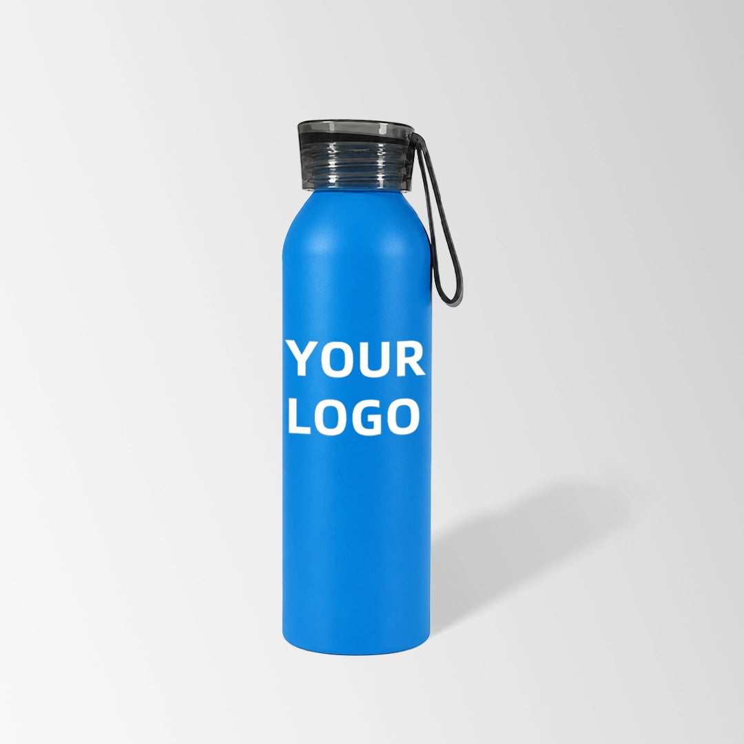 22 oz blue aluminum water bottle with non-slip screw-on cap