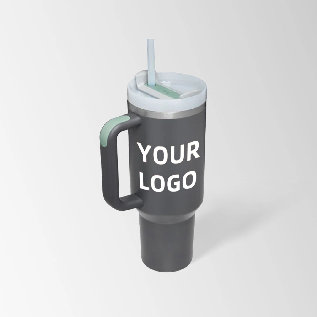 Charcoal gray insulated tumbler with handle custom logo