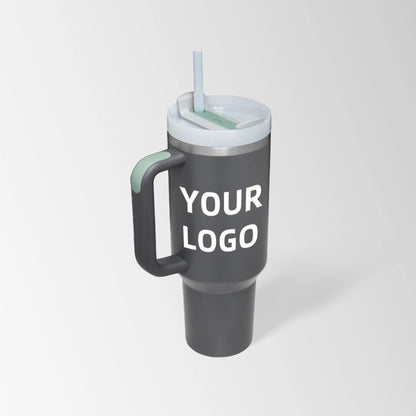 Charcoal gray insulated tumbler with handle custom logo