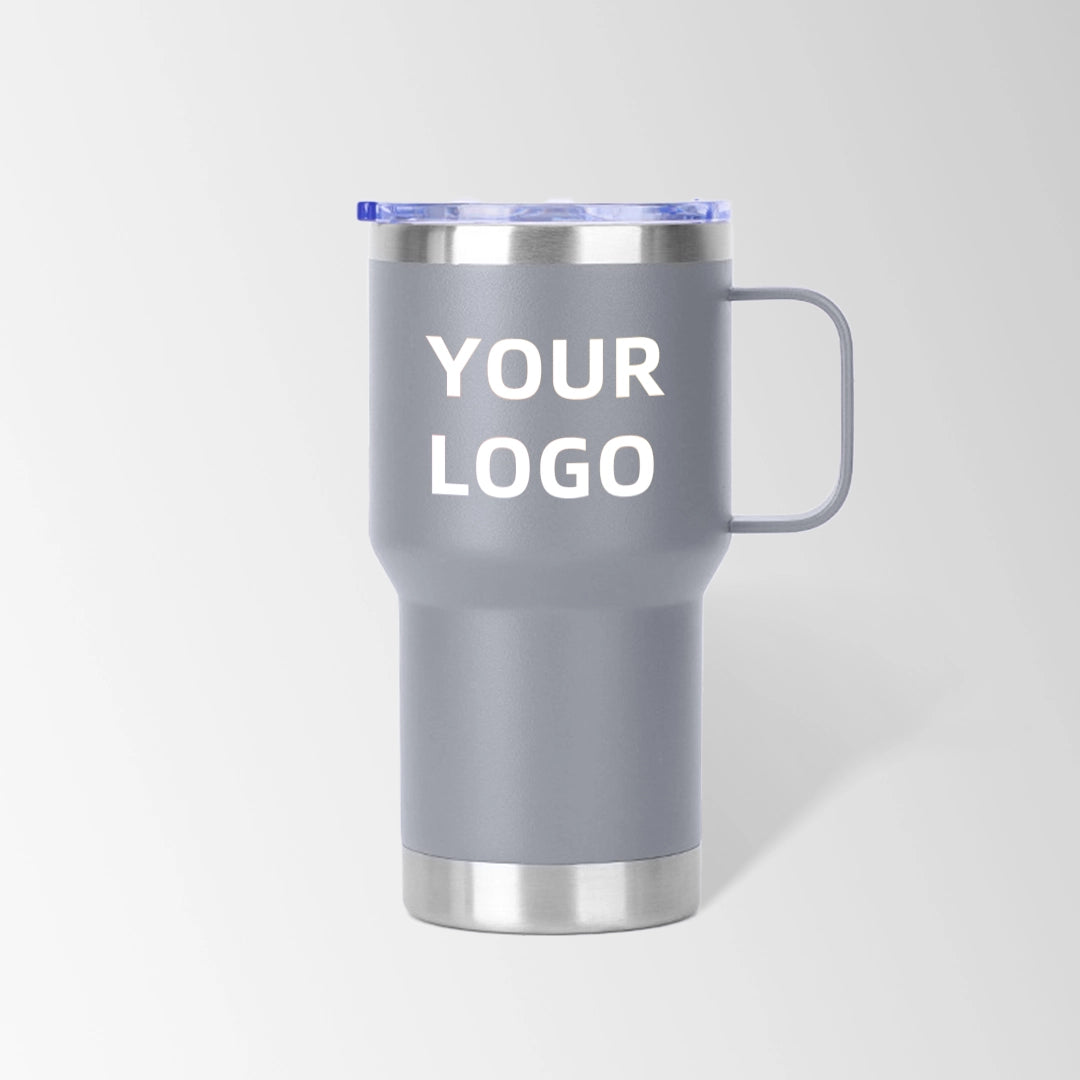 Gray travel tumbler with handle custom logo