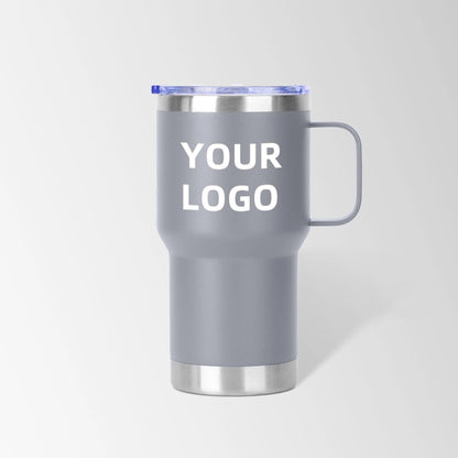 Gray travel tumbler with handle custom logo
