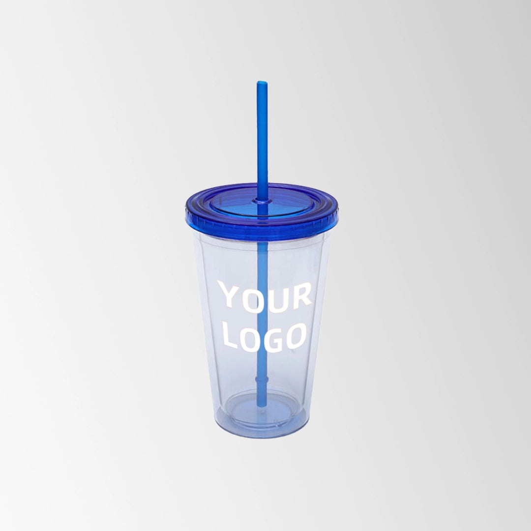 plastic tumbler with dark blue lid and straw custom logo