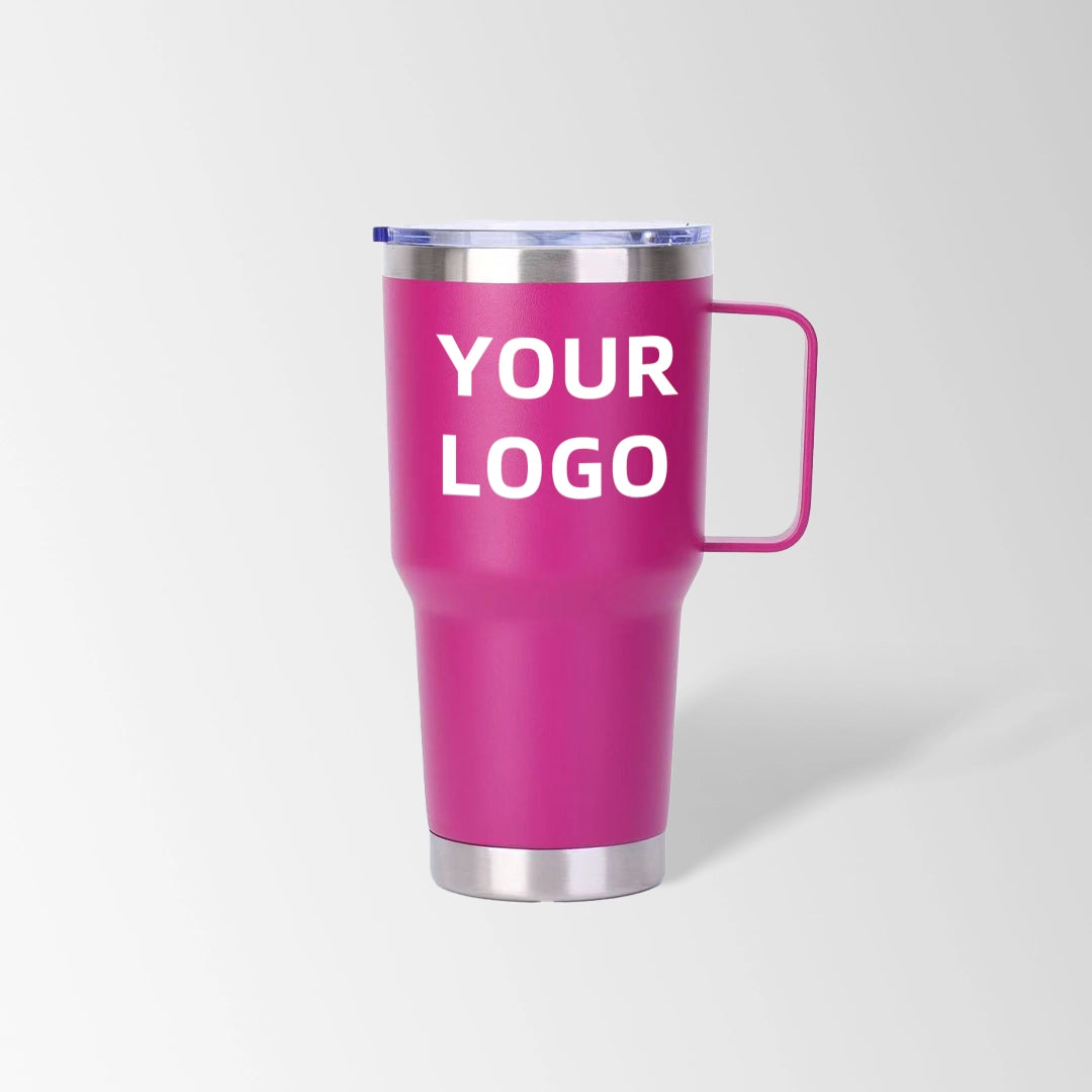 Magenta tumbler with handle custom logo