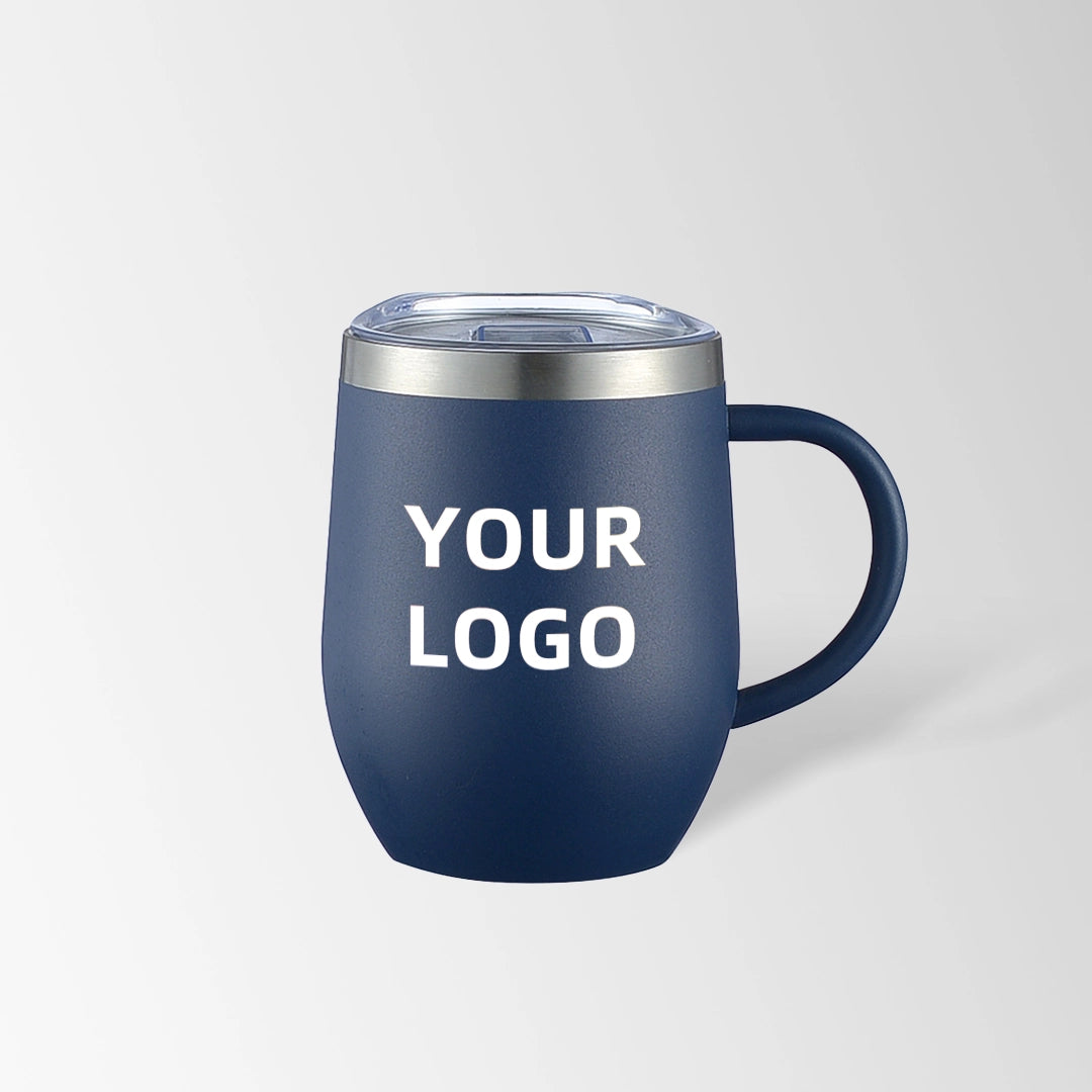 Navy blue insulated coffee mug with handle custom logo