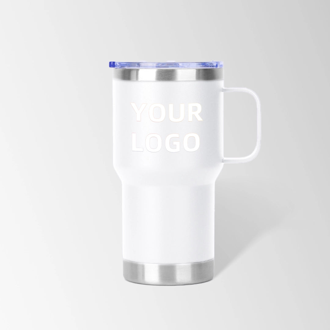 White travel tumbler with handle custom logo
