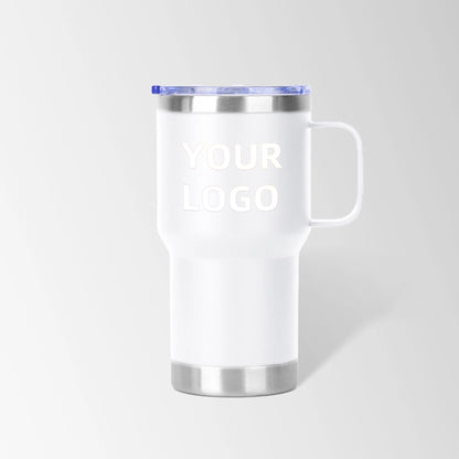 White travel tumbler with handle custom logo