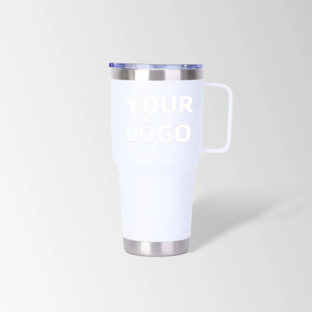 White tumbler with handle custom logo