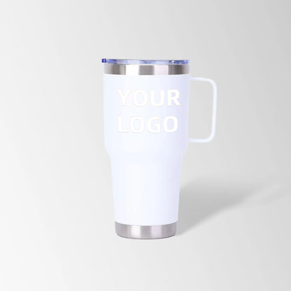 White tumbler with handle custom logo