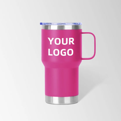 Magenta travel tumbler with handle custom logo