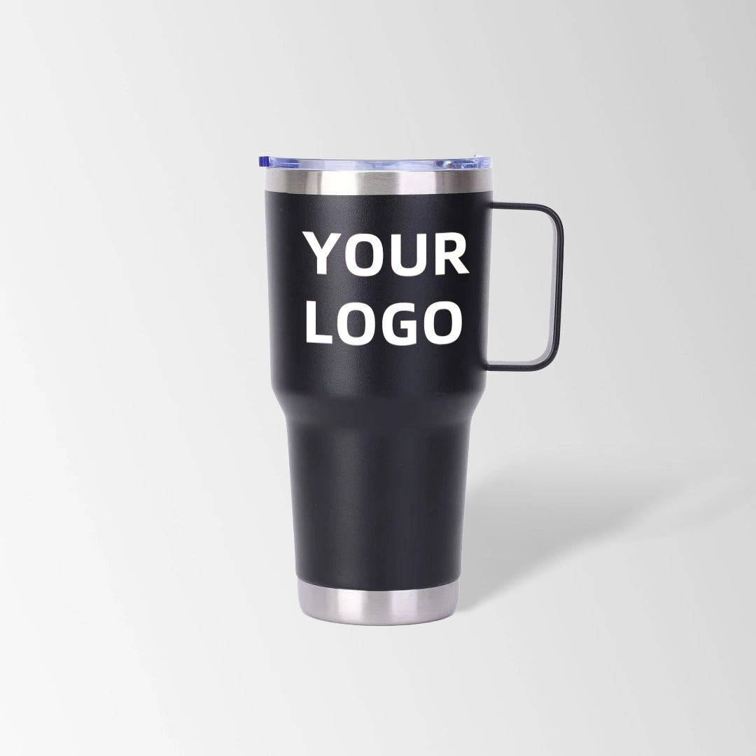 Black tumbler with handle custom logo