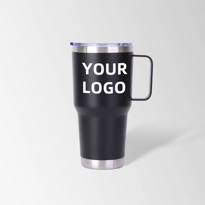 Black tumbler with handle custom logo