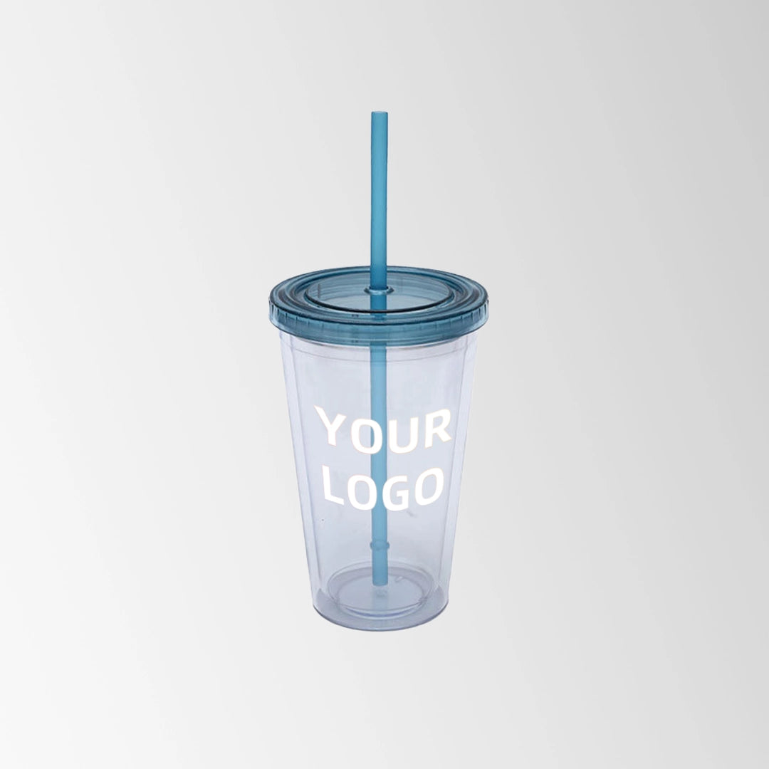 plastic tumbler with smoke blue lid and straw