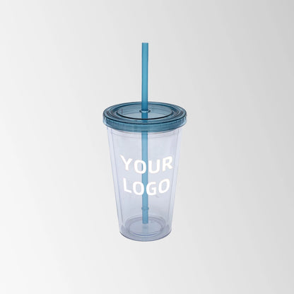 plastic tumbler with smoke blue lid and straw