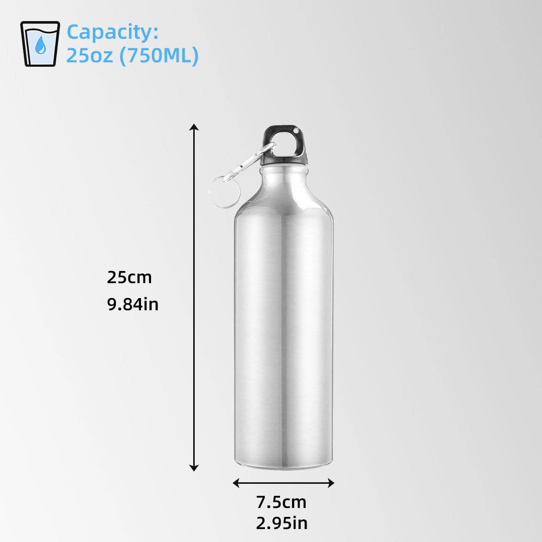 25 oz silver aluminum water bottle with carabiner size and capacity chart