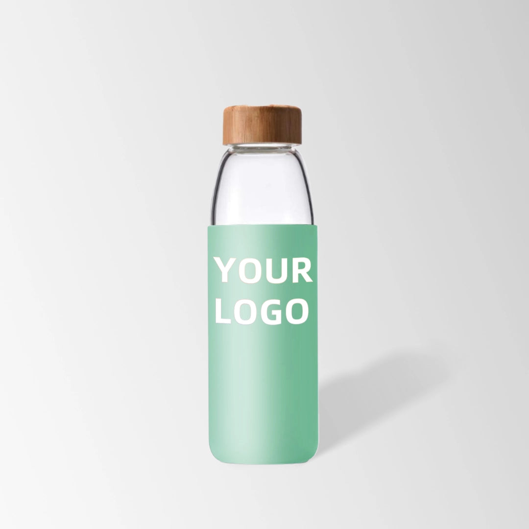 25 oz. Glass Water Bottle with Bamboo Lid and Light Green Silicone Sleeve