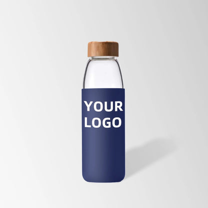 25 oz. Glass Water Bottle with Bamboo Lid and Navy Blue Silicone Sleeve