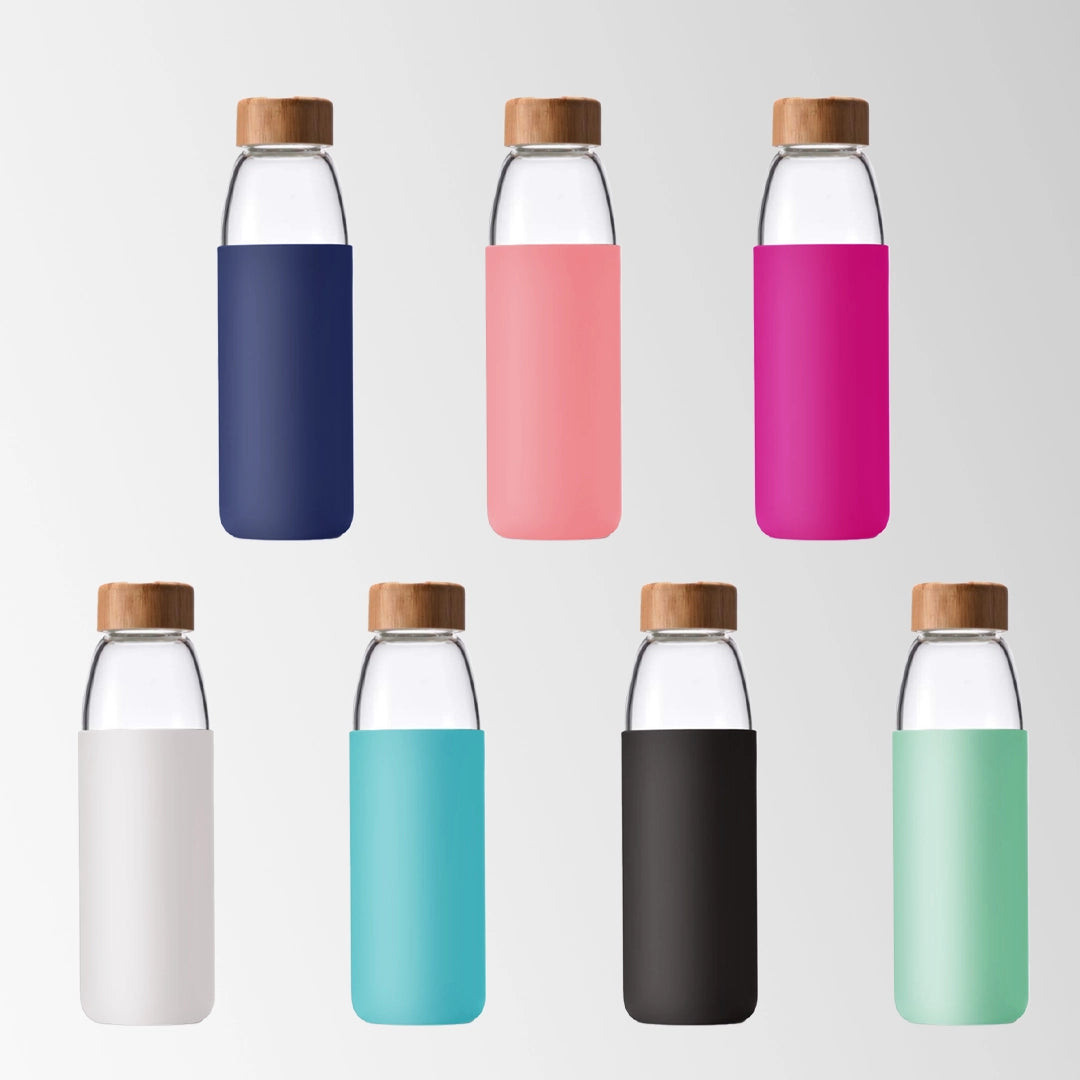 25 oz. Glass Water Bottle with Bamboo Lid and Silicone Sleeve in Multiple Colors