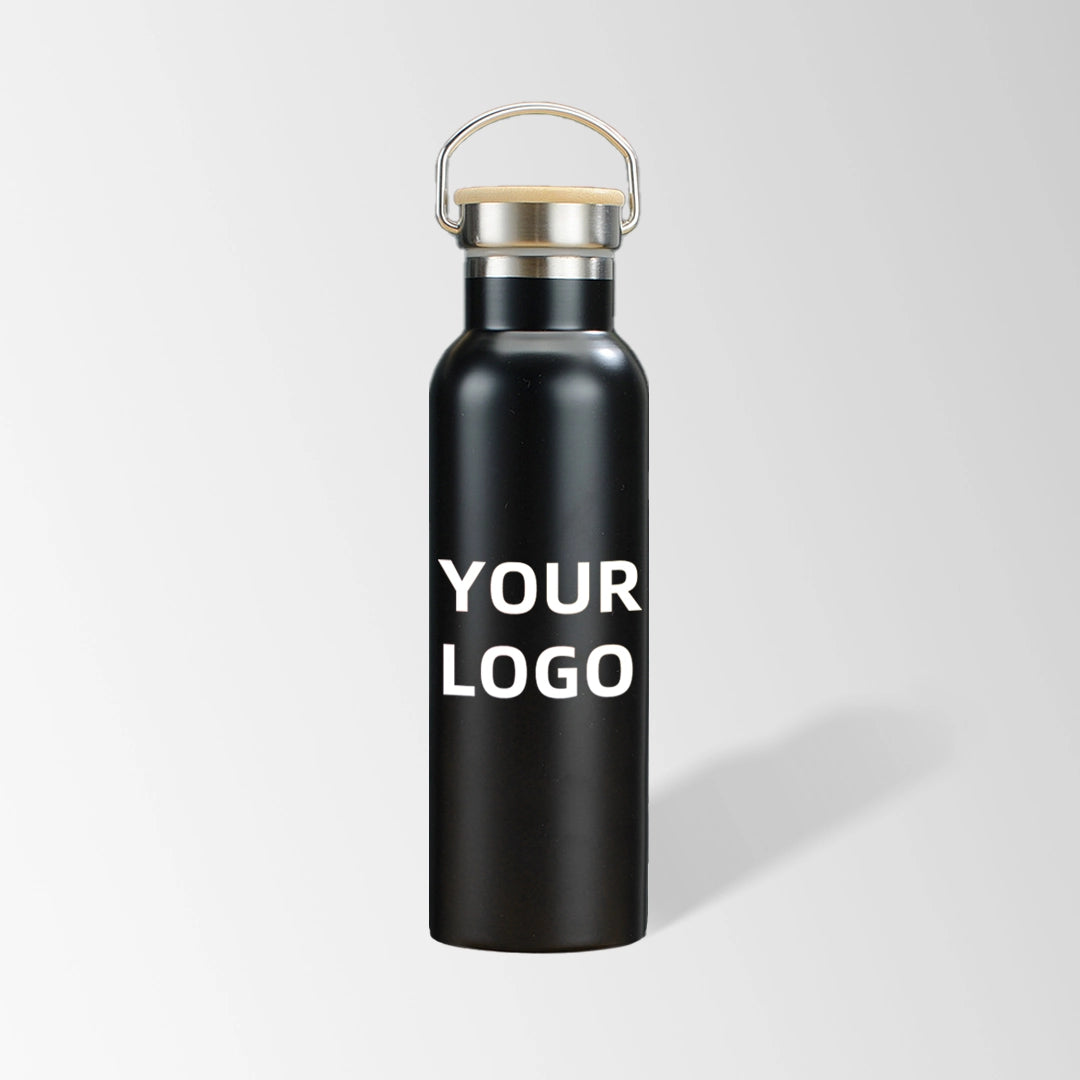 25 oz. black stainless steel water bottle with bamboo lid