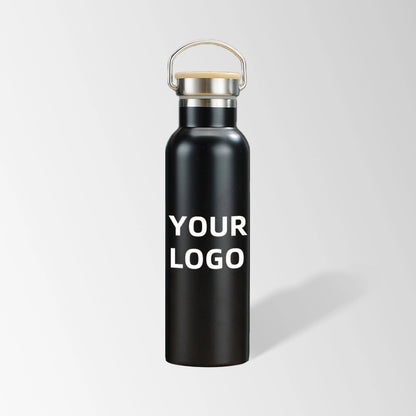 25 oz. black stainless steel water bottle with bamboo lid