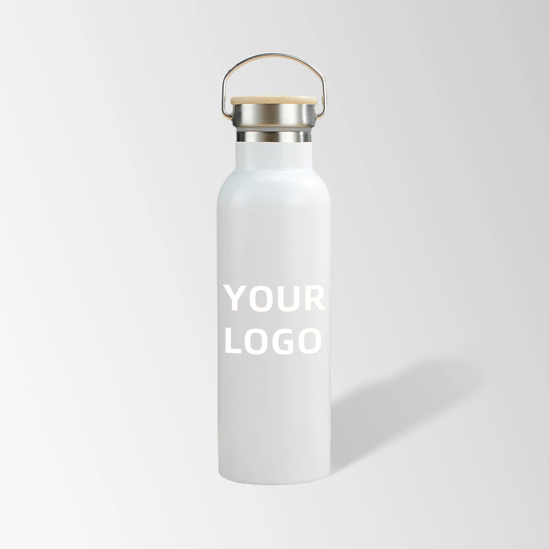 25 oz. white stainless steel water bottle with bamboo lid