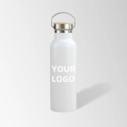 25 oz. white stainless steel water bottle with bamboo lid