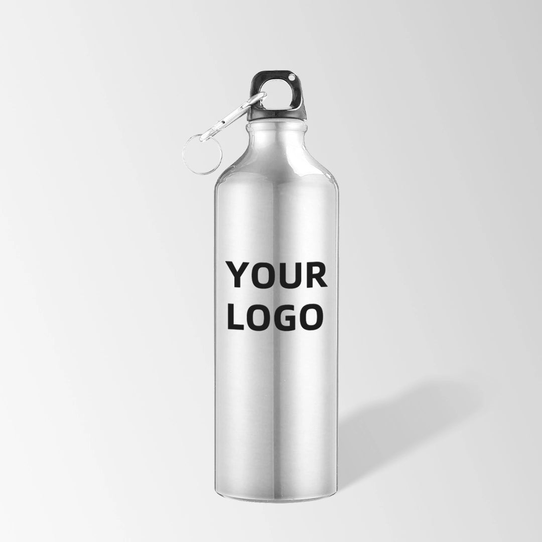 25 oz silver aluminum water bottle with carabiner