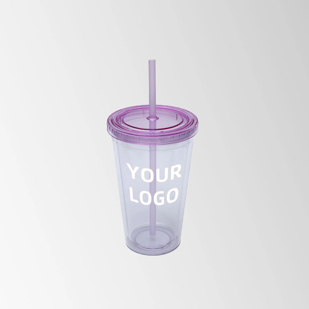 plastic tumbler with light purple lid and straw