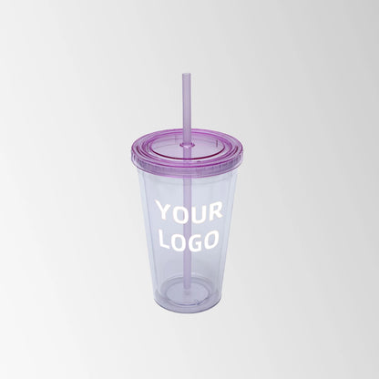 plastic tumbler with light purple lid and straw