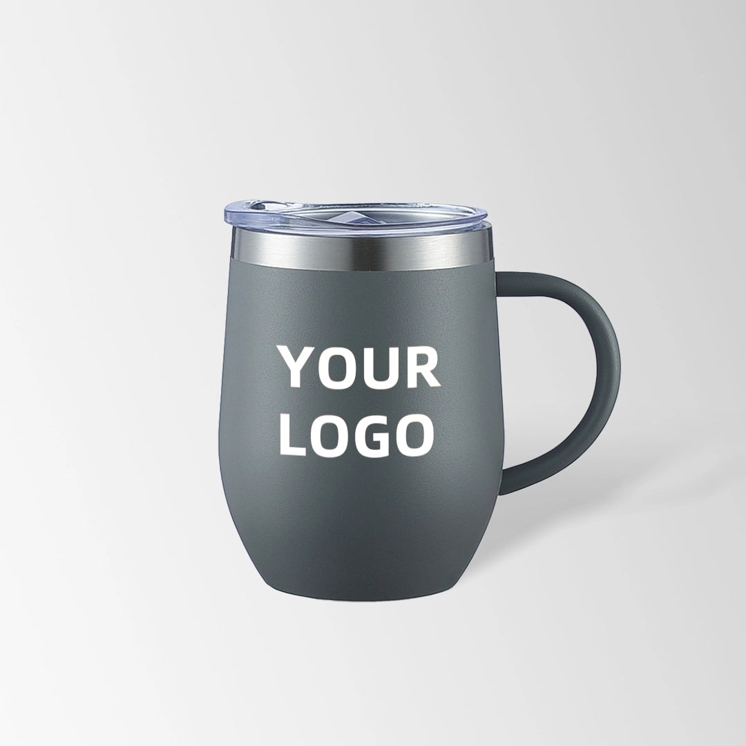 Gray insulated coffee mug with handle custom logo