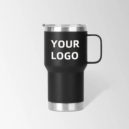 Black travel tumbler with handle custom logo