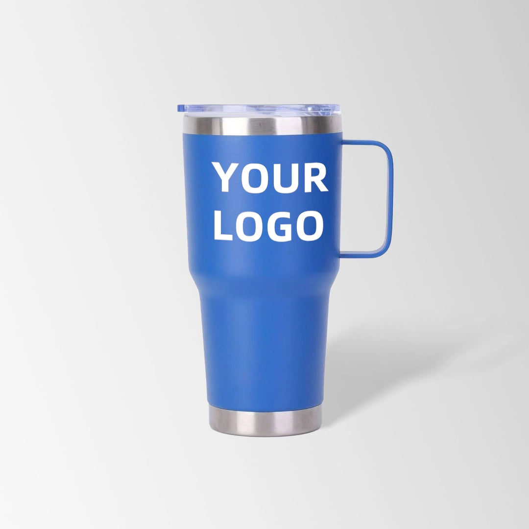 Blue tumbler with handle custom logo