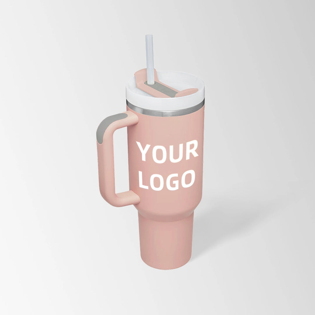 Blush pink insulated tumbler with handle custom logo
