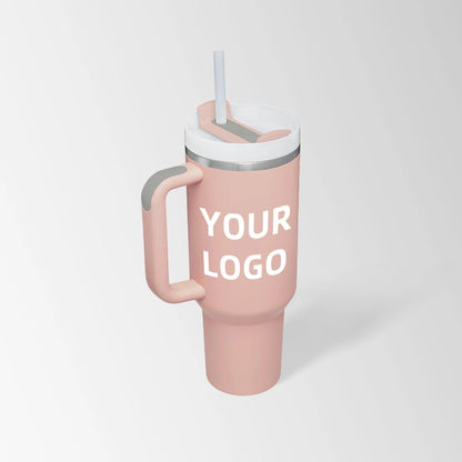 Blush pink insulated tumbler with handle custom logo