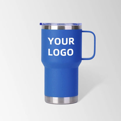 Royal blue travel tumbler with handle custom logo
