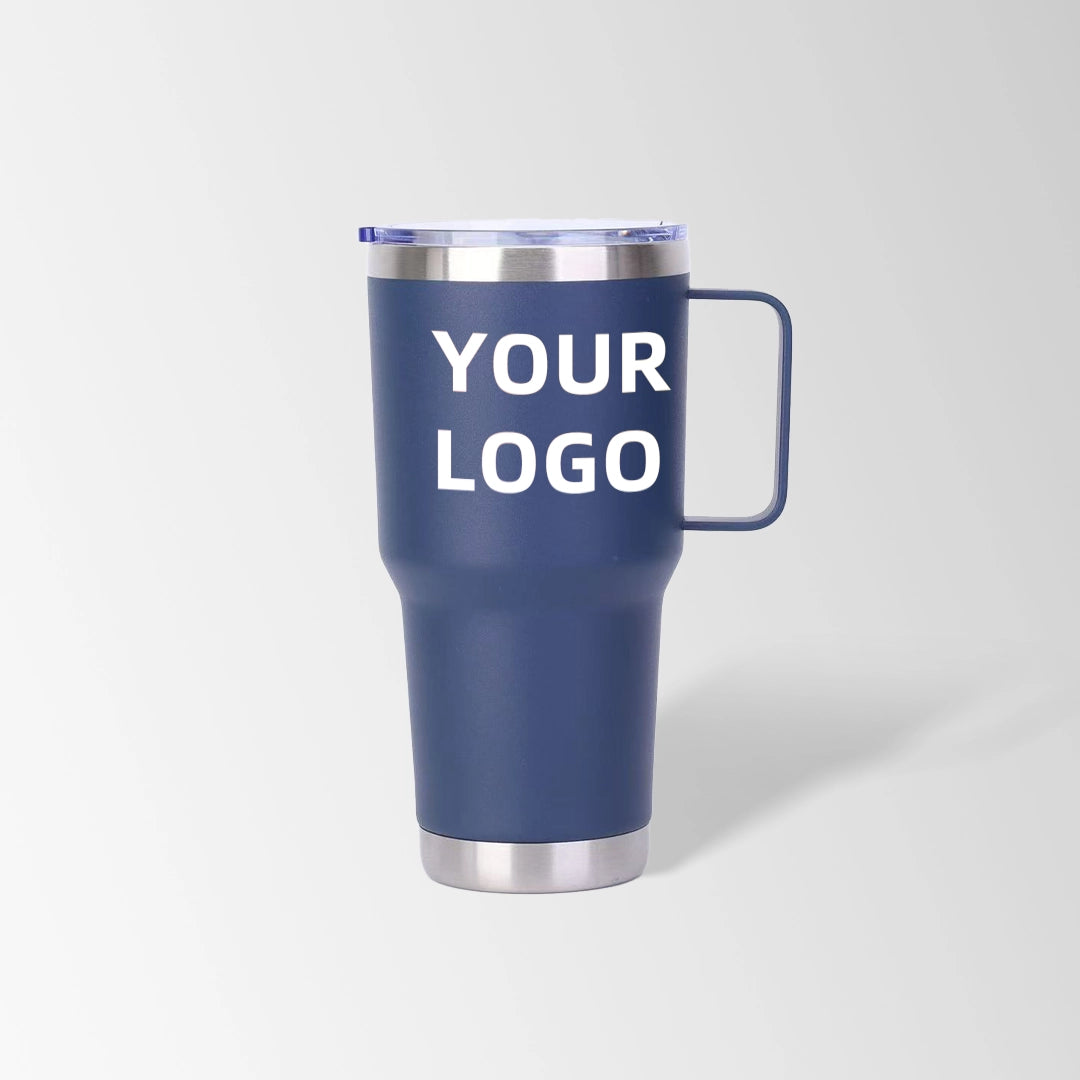 Navy blue tumbler with handle custom logo