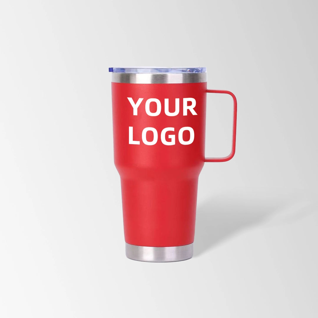 Red tumbler with handle custom logo