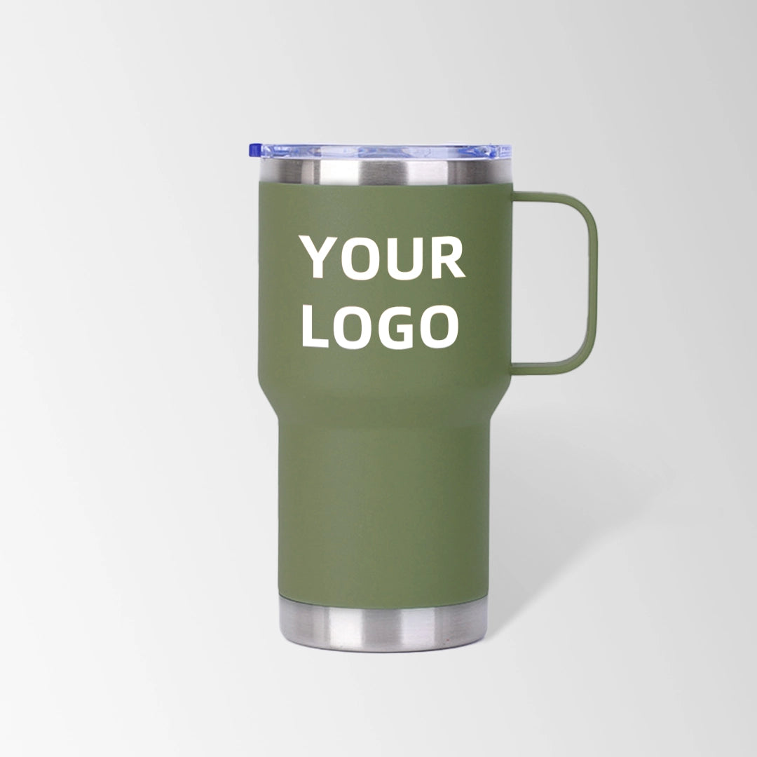 Olive green travel tumbler with handle custom logo