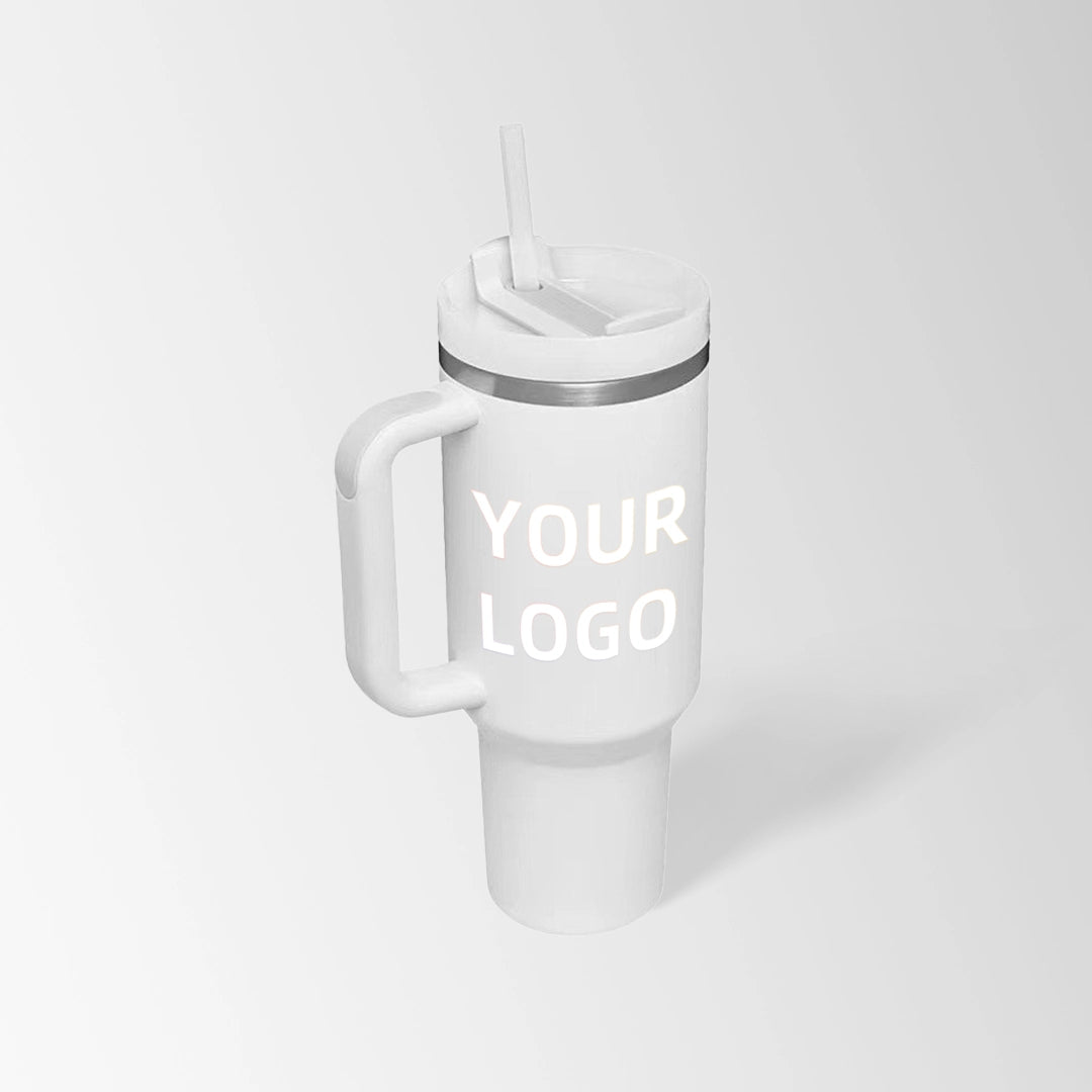 White insulated tumbler with handle custom logo